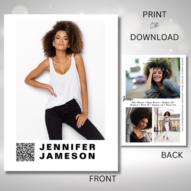 Carte Comp Modèle de signature | Code QR + 4 photo (Elevate your model brand with comp cards featuring a QR code, and signature element on the back)