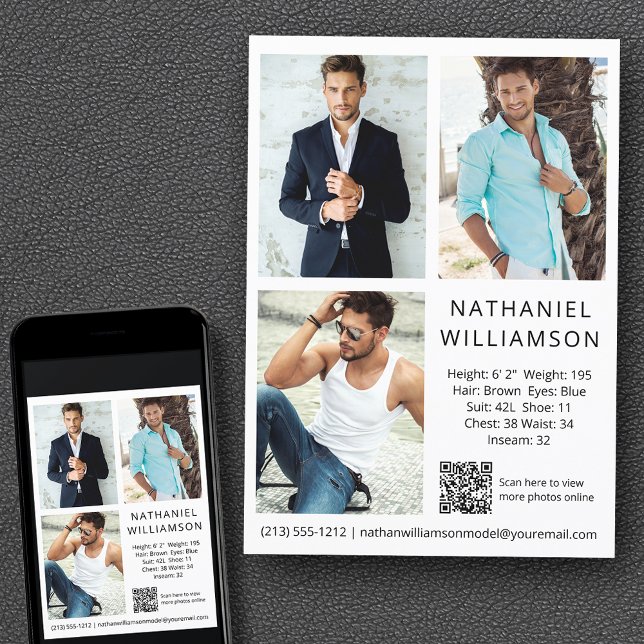 Carte Comp Moderne Pro Model Actor QR Code 3 Photo (Customize to change background color, text size, style or to add more photos to back of card.)