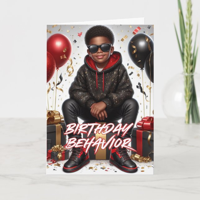 Carte Comportement d'anniversaire d'un garçon afro-améri (Devant)