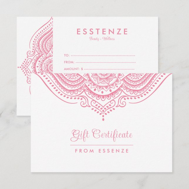 Carte Conception d'un certificat cadeau Mandala rose (Devant / Derrière)