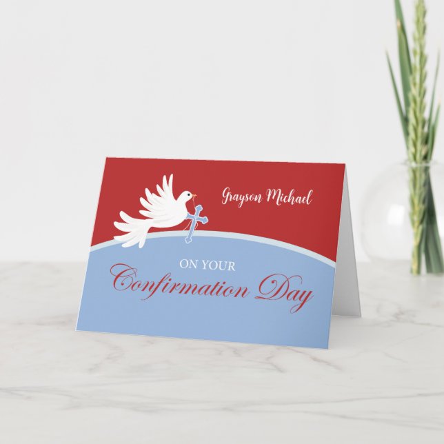 Carte Confirmation Félicitations Boy Dove sur Red (Devant)