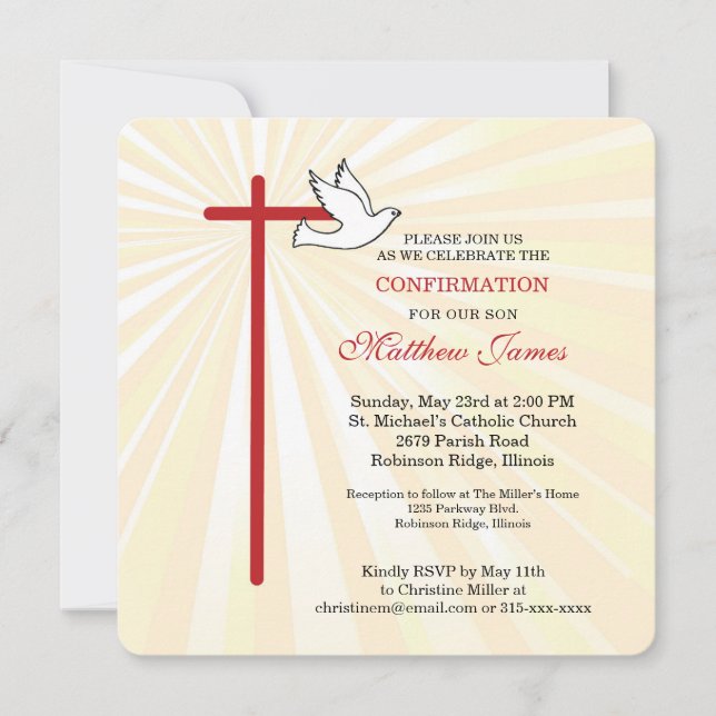 Carte Confirmation pour Son Cross Dove Golden Rays (Devant)
