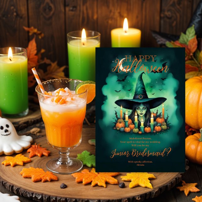 Carte Conjures de sorcière d'Halloween pour demoiselle d (Attractive & Mystical Halloween Witch Conjures Enchanting Spells Amid Glowing Candles JR Bridesmaid)