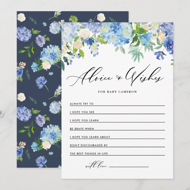 Carte Conseil Aquarelle Bleu Hydrangée Puits pour bébé (Devant / Derrière)