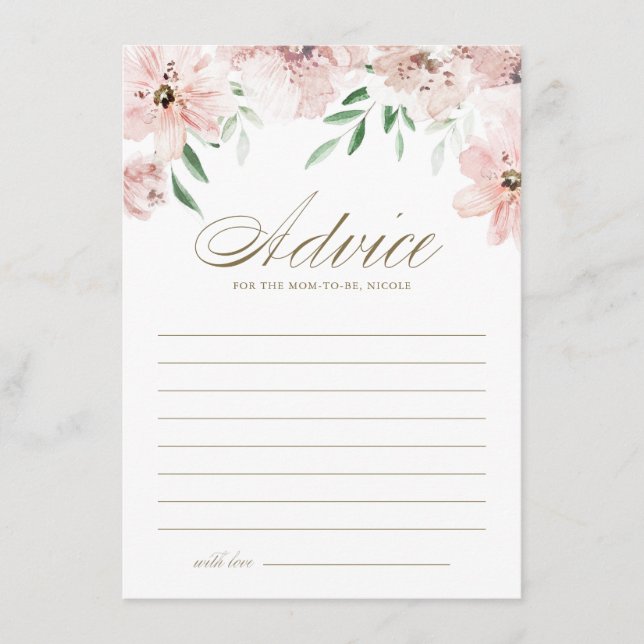 Carte Conseil Aquarelle Blush Dusty Baby shower Fleurs roses (Devant)
