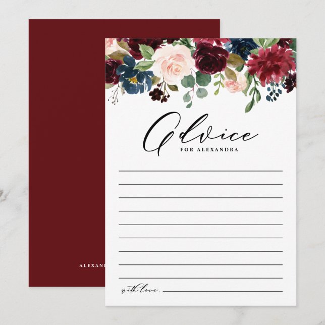 Carte Conseil Aquarelle Bourgogne et Baby shower de fleurs de ma (Devant / Derrière)