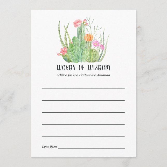 Carte Conseil Aquarelle Cactus Fête des mariées Mots de sagesse (Devant)
