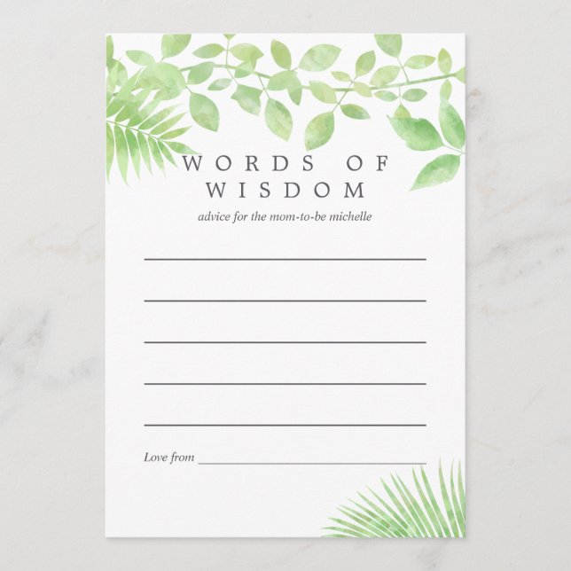 Carte Conseil Aquarelle Verdure Baby shower Conseils pour mère (Devant)