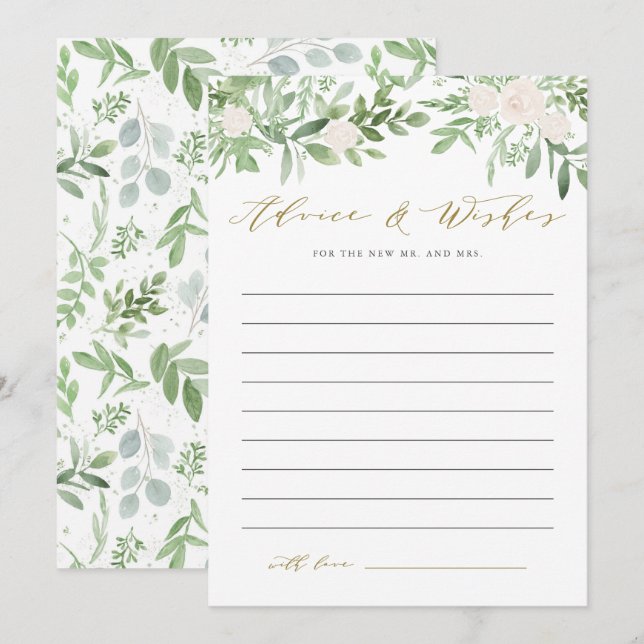 Carte Conseil Aquarelle vert et Mariage de fleurs blanches (Devant / Derrière)