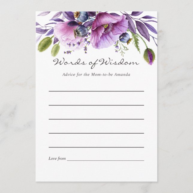 Carte Conseil Aquarelle Violet Poppy Floral Baby shower Conseils (Devant)