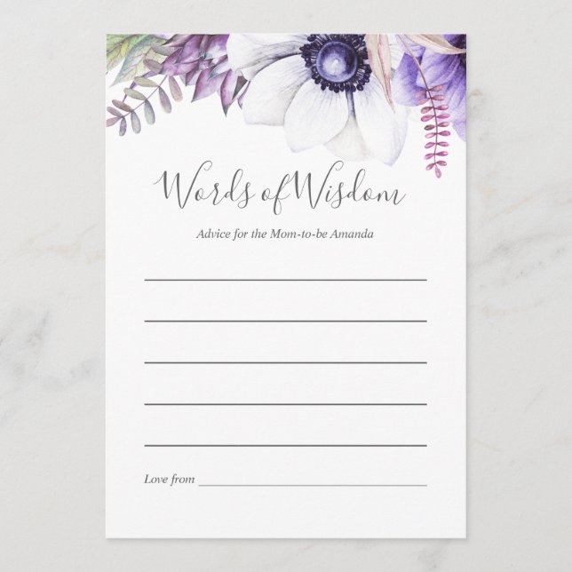 Carte Conseil Aquarelle violet poussiéreuse Baby shower floral C (Devant)