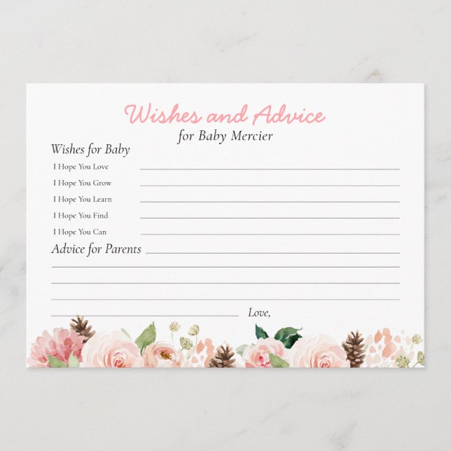 Carte Conseil Baby shower de souhaits et conseils floraux roses (Devant)