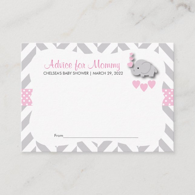 Carte Conseil Baby shower d'éléphant rose et gris SM - Conseils (Devant)