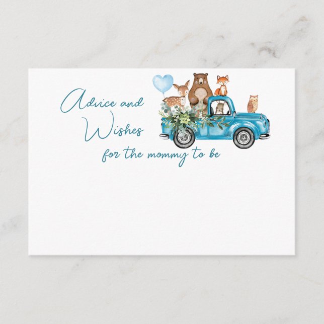 Carte Conseil Bois Animaux Baby shower de camion bleu (Devant)