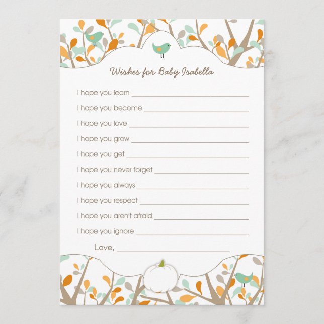 Carte Conseil Citrouille blanc personnalisé souhaits baby shower (Devant)
