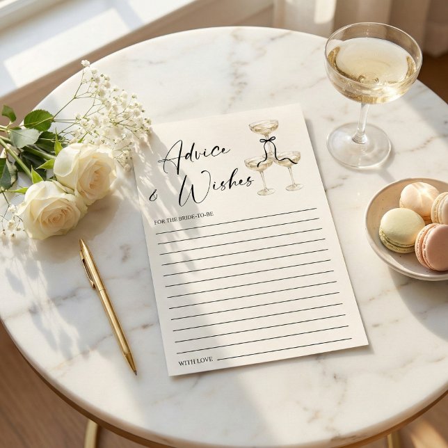 Carte Conseil Coquette Black Ribbon Bridal Shower Advice and (Elegant Champagne Tower Black Bow Bridal Shower Advice and Wishes Card)