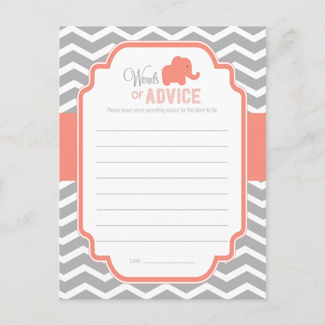Carte Conseil Coral Grey Chevron Elephant Baby shower Conseils (Devant)