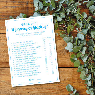 Carte Conseil Devinez Qui maman ou papa Jeu Baby shower garçon b