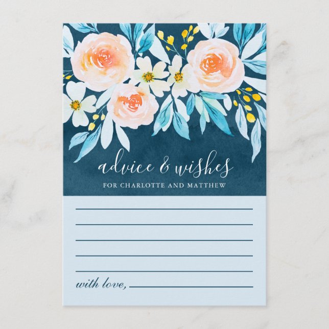 Carte Conseil Elégant Mariage floral bleu marine (Devant)