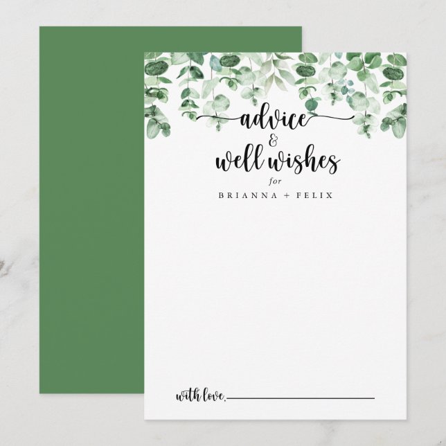 Carte Conseil Eucalyptus Vert Minimaliste Mariage bien souhaits (Devant / Derrière)