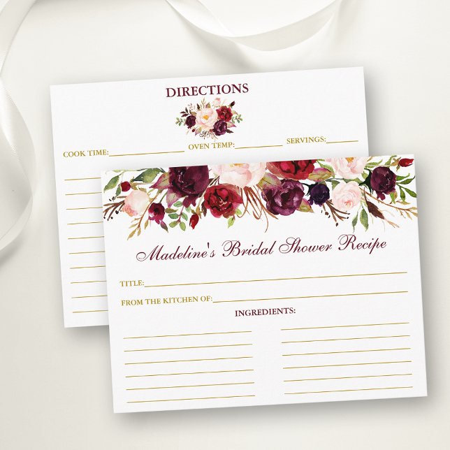 Carte Conseil Fête des mariées Bourgogne Floral Gold Recette Car (Customize to change text color, size or text style.)