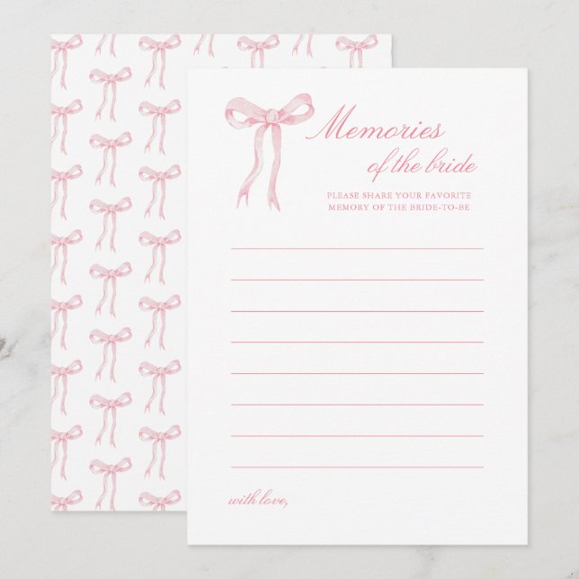 Carte Conseil Fête des mariées rose Bow souvenirs de mariée (Devant / Derrière)