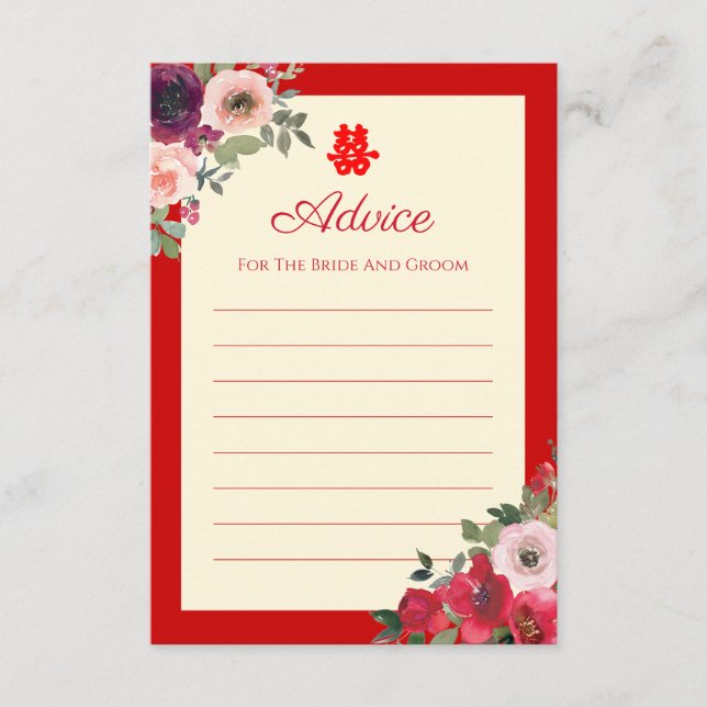 Carte Conseil Mariage chinois rouge jardin fleuri double bonheur (Devant)