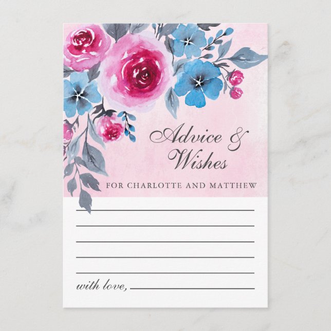 Carte Conseil Mariage Floral Rose Et Bleu Moderne (Devant)