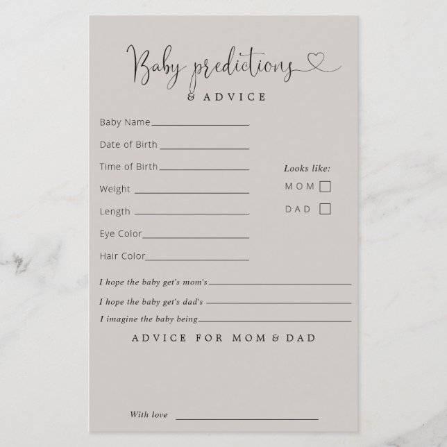 Carte conseil minimaliste beige prédictions bébé (Devant)
