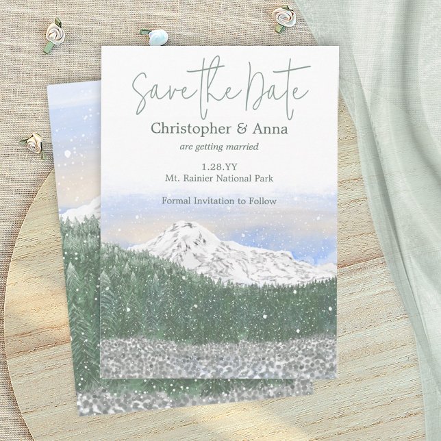 Carte Conseil Mount Rainier, Falling Snow Wedding Save the Date (mount mt. rainier save the date wedding card, mountains, snow, trees, forest wedding invitation)