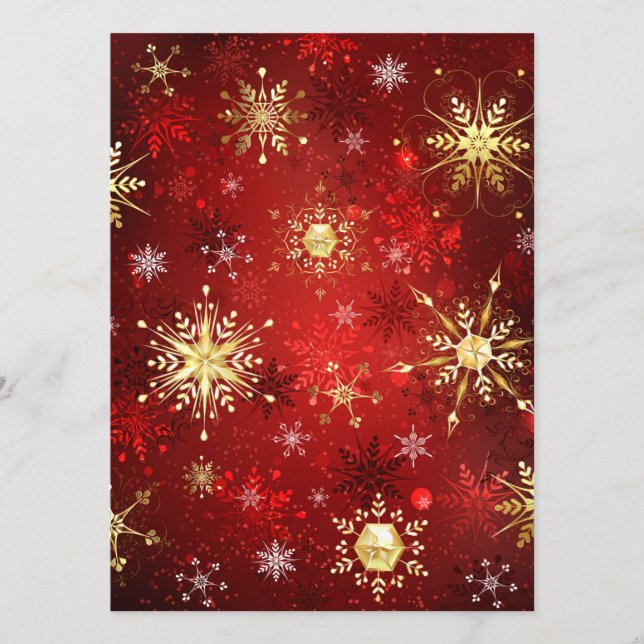 Carte Conseil Noël Golden Snowflakes sur Arrière - plan rouge (Devant)