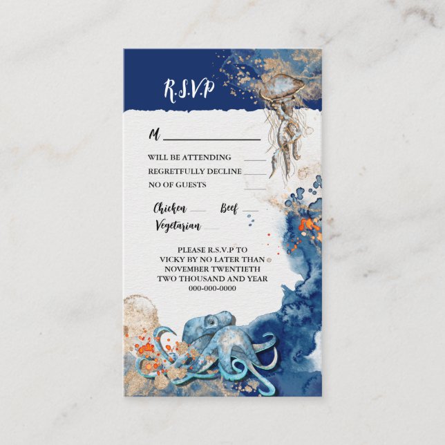 Carte Conseil Octopus marine oranges mariage plage RSVP (Devant)