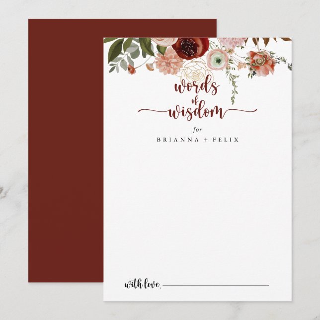 Carte Conseil Or Rustique Floral Mariage Mots de sagesse (Devant / Derrière)