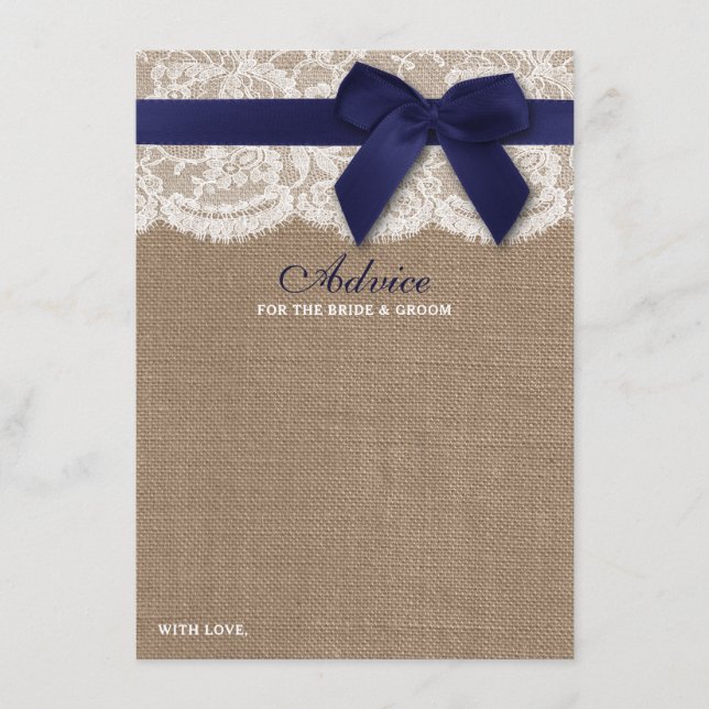 Carte Conseil Ruban de la marine sur Burlap et Mariage de dentel (Devant)