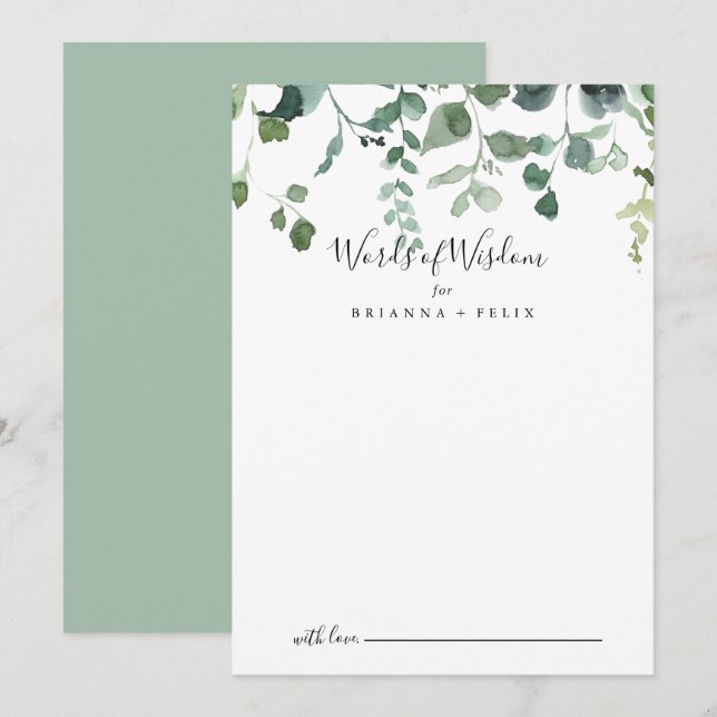 Carte Conseil Script Green Foliage Mariage Mots de sagesse (Devant / Derrière)