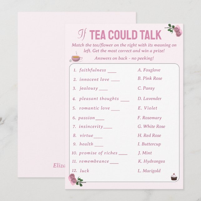 Carte Conseil Si Tea Pouvait Parler Fête des mariées Tea Party j (Devant / Derrière)