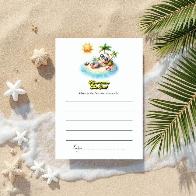 Carte Conseil Soleil tropical Baby shower "Voici le fils" (Tropical Sunshine "Here Comes the Son" Baby Shower Advice Card)