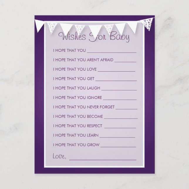 Carte Conseil Souhaits Pour Baby shower Amour Bunple Purple (Devant)
