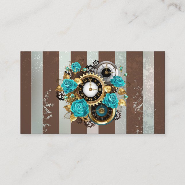 Carte Conseil Steampunk Clock and Turquoise Roses on Striped (Devant)