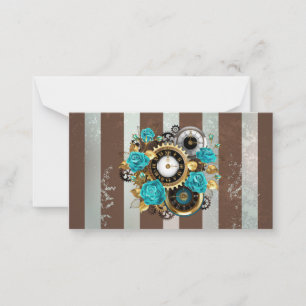 Carte Conseil Steampunk Clock and Turquoise Roses on Striped