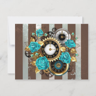 Carte Conseil Steampunk Clock and Turquoise Roses on Striped