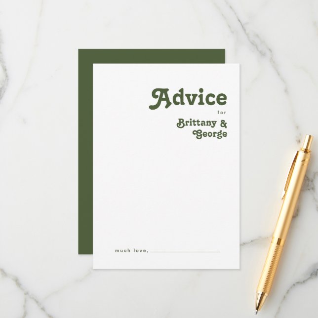 Carte Conseil Vibes rétro simples | Mariage vert olive (Devant/Arrière en situation)
