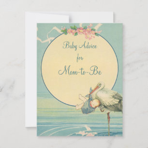 Carte Conseil Vintage cigogne portant bébé garçon dans une couve
