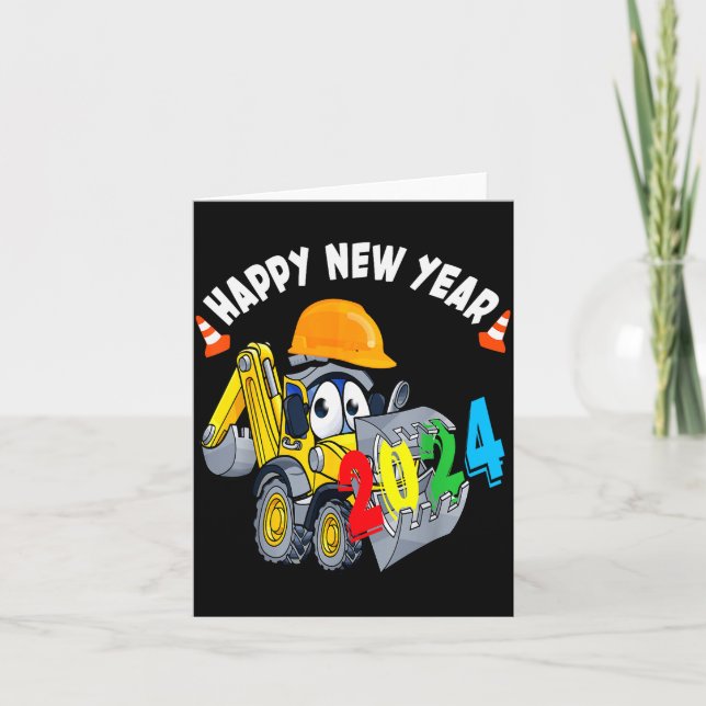 Carte Construction Excavator Happy New Year 2024 For Boy (Devant)