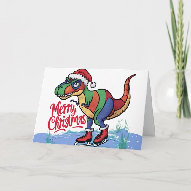 Carte Cool amusant T-rex Dinosaur Patinage Noël Abstrait (Devant)