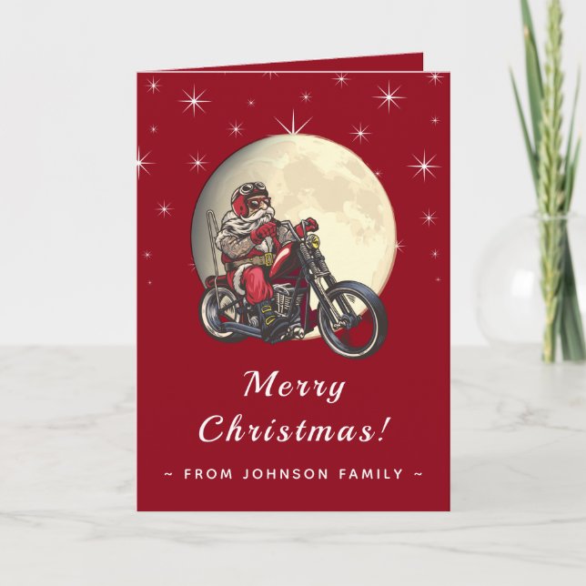 Carte Cool Biker Père Noël Motorcycle Red Sparkle & Moon (Devant)