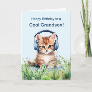 Carte Cool Grandson Birthday Cat with Headphones