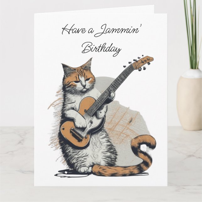 Carte Cool Orange Chat Jamming sur la Guitare Anniversai (Devant)