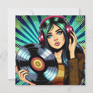 Carte Cool Pop Art Comic Style Girl avec Album de Vinyl
