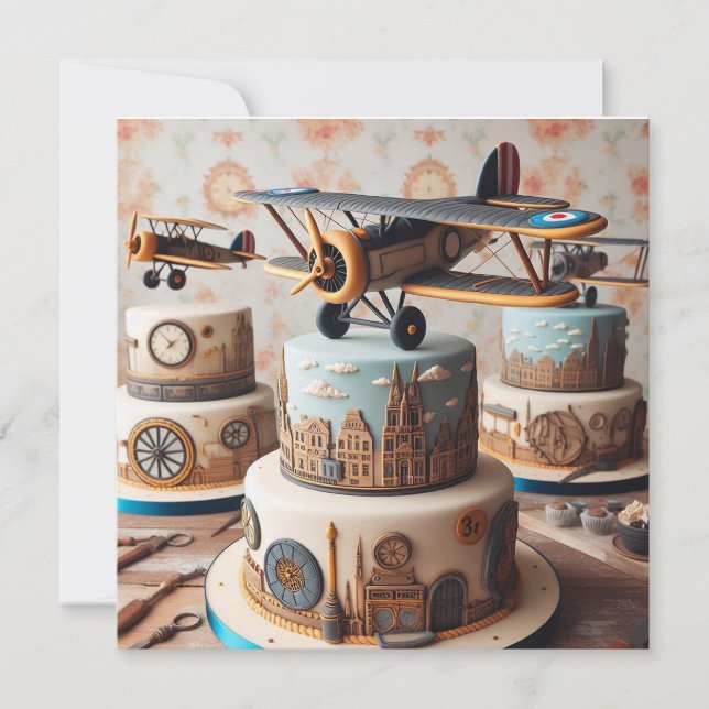 CARTE COOL RETRO BIPLANE GÂTEAU D'ANNIVERSAIRE (Devant)